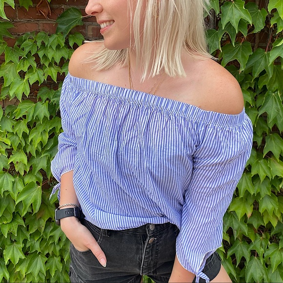Tops - Blue White Off the Shoulder Boutique Top